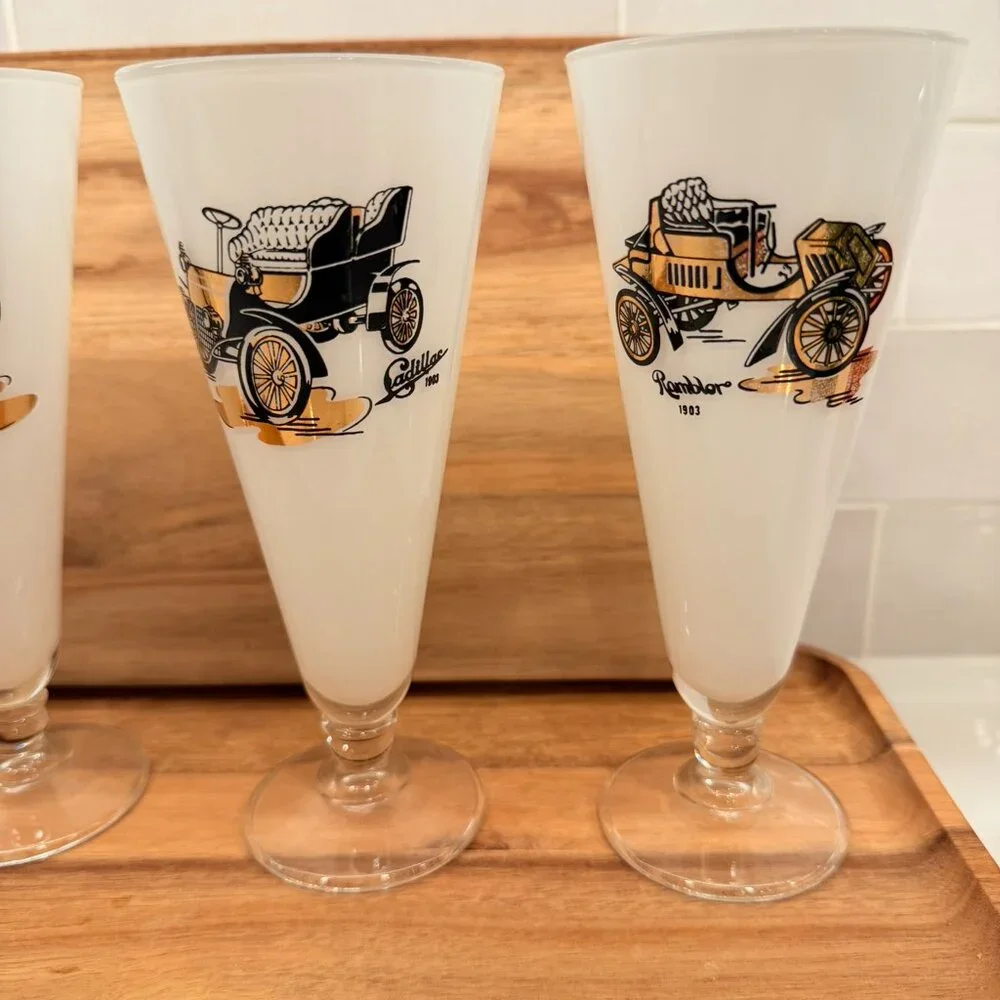 Set of 4 White Painted Pilsner‎ Car Glasses Buick Oldsmobile Cadillac Rambler